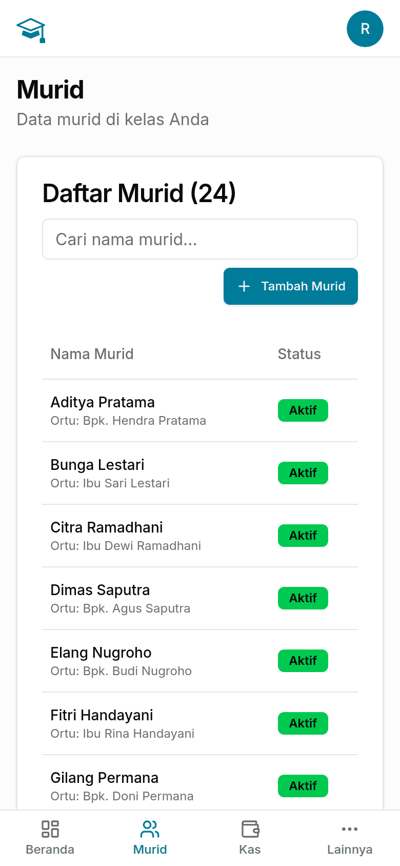 Halaman Murid berisi daftar 24 murid beserta nama orang tua dan status keaktifannya
