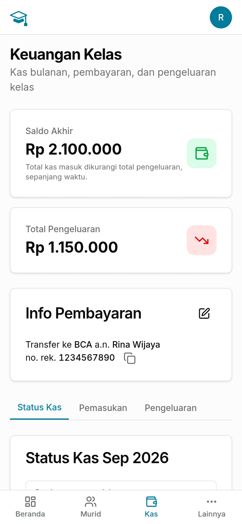 Halaman Keuangan Kelas menampilkan saldo akhir Rp 2.100.000, total pengeluaran, dan info rekening tujuan transfer