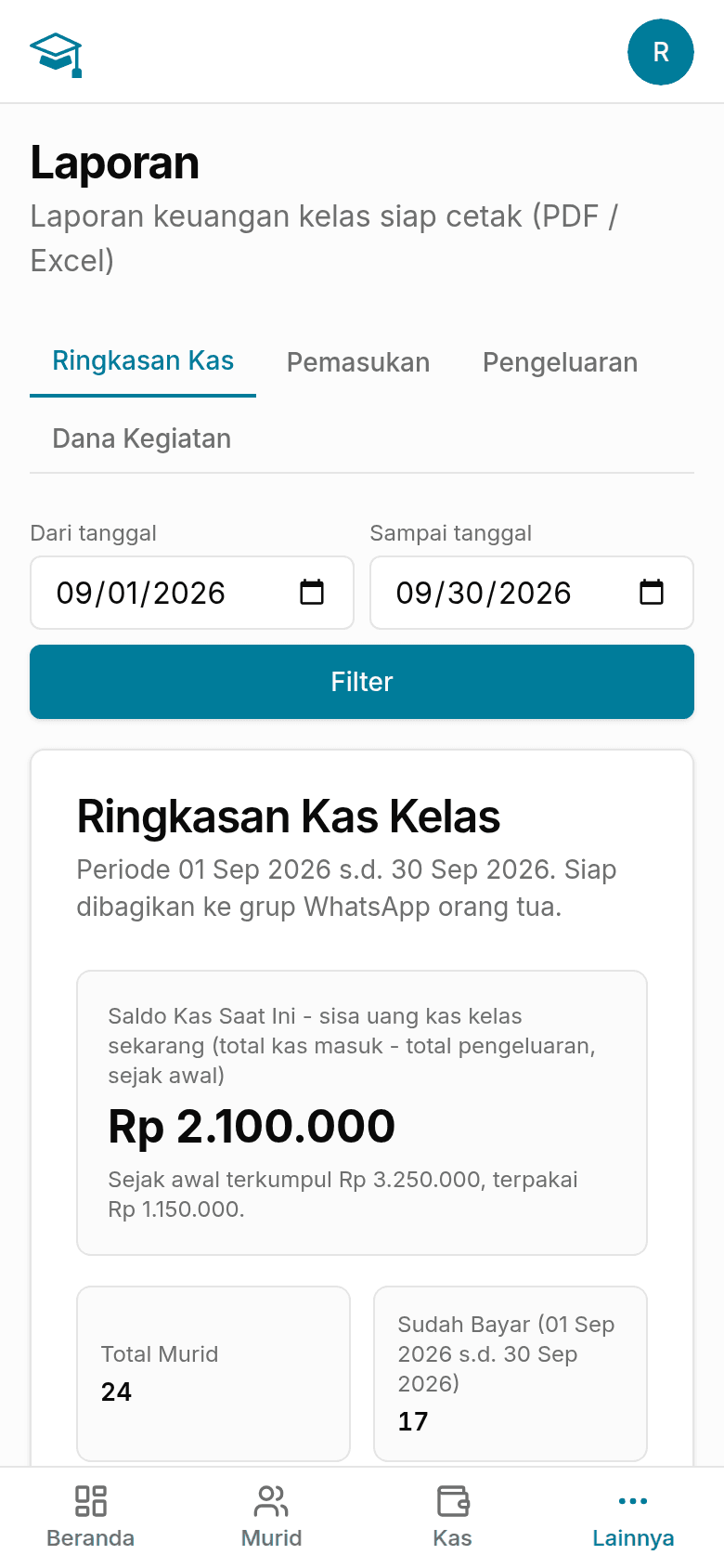 Halaman Laporan menampilkan ringkasan kas kelas: jumlah murid, yang sudah dan belum bayar, serta saldo akhir periode