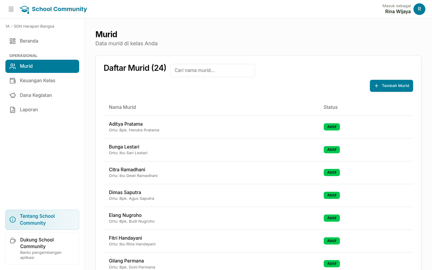 Tampilan laptop halaman Murid: daftar 24 murid dengan nama orang tua dan status aktif, lengkap dengan menu samping