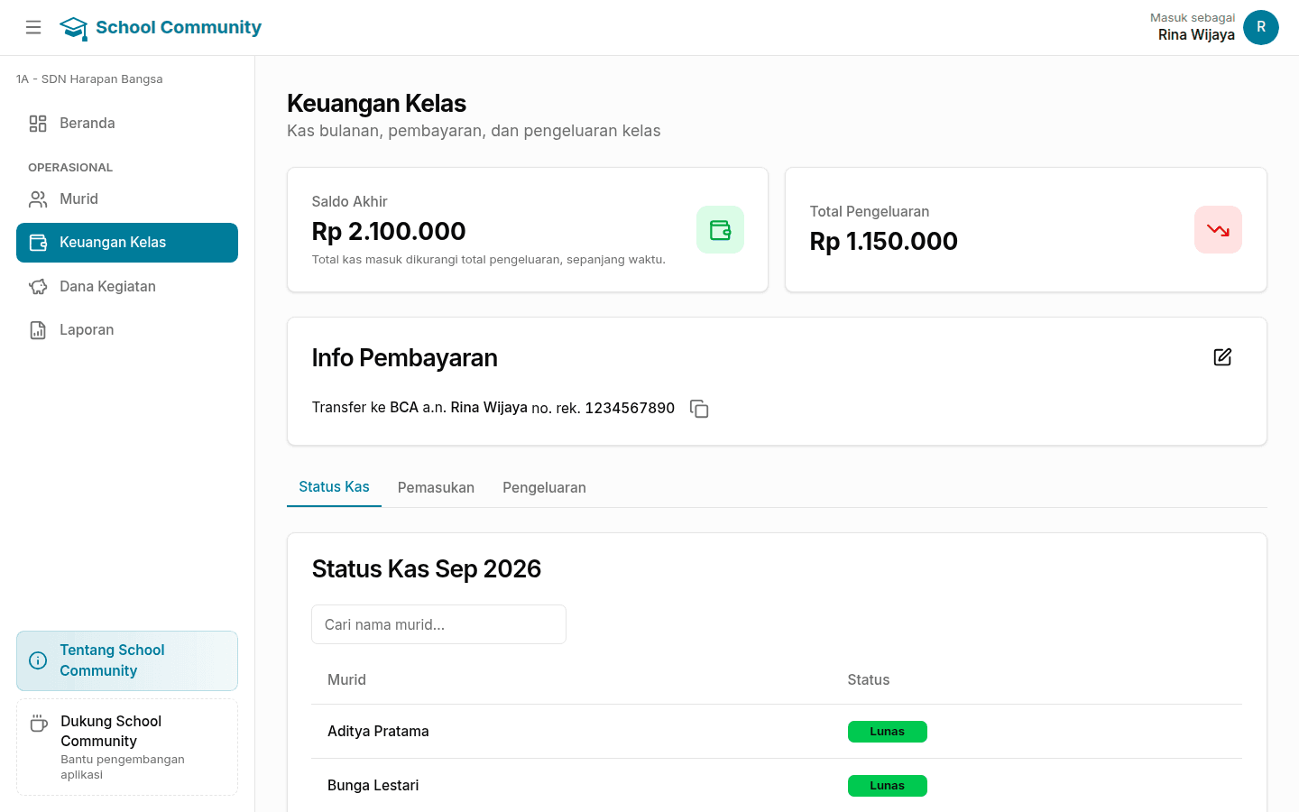 Tampilan laptop halaman Keuangan Kelas: saldo akhir, total pengeluaran, dan info rekening tujuan transfer