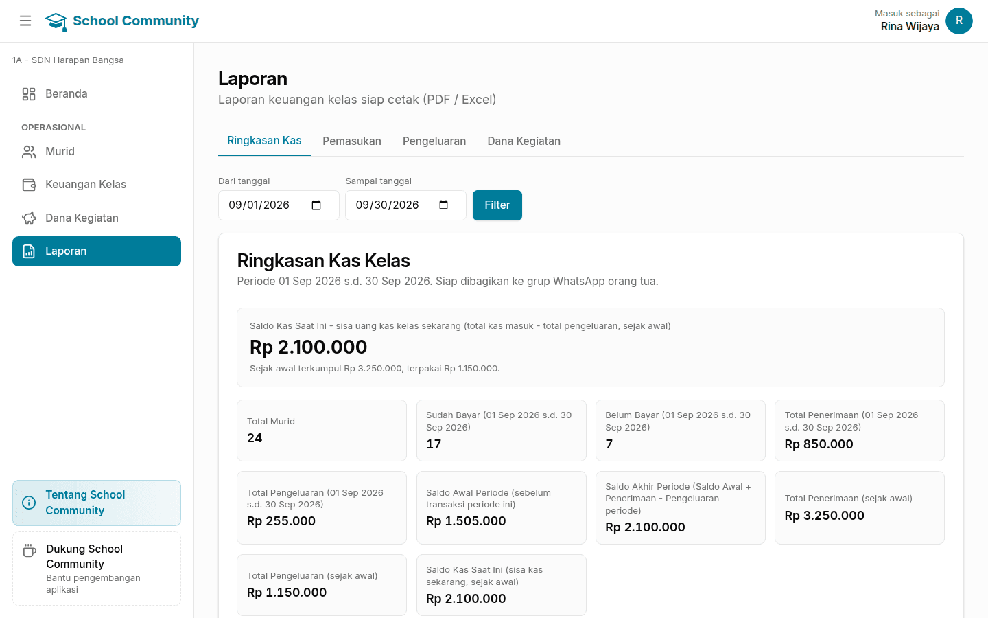 Tampilan laptop halaman Laporan: ringkasan kas kelas per periode dengan jumlah murid yang sudah dan belum membayar